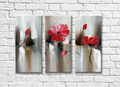 Триптих Красные цветы на абстрактном фоне Ris9062 фото