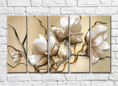 Flori de magnolie și ramuri abstracte pe un fundal bej 3D5462 фото