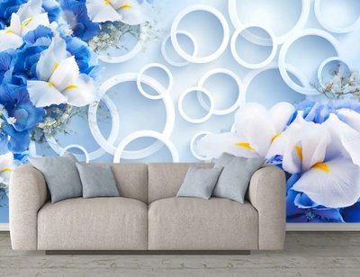 Фотообои Синие и белые цветы на голубом фоне с 3Д кругами 3D3662 фото