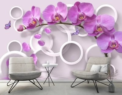 Фотообои Крупная ветка фиолетовых орхидей и бабочка 3D3862 фото