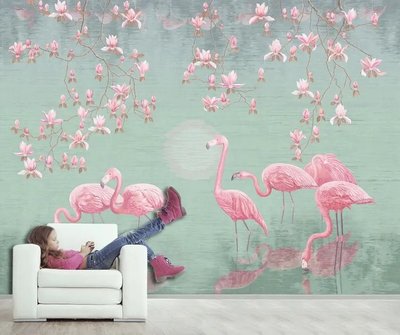 Фотообои Розовые фламинго и магнолии на фоне воды Fan5412 фото