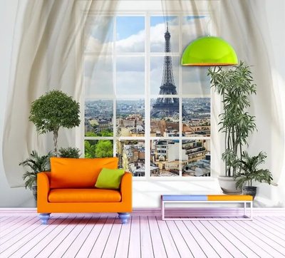 Фотообои интерьер, вид на Париж, занавески Vid1662 фото