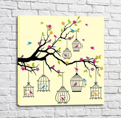 Постер Разноцветные птицы в клетках на ветки дерева, графика Mul16532 фото
