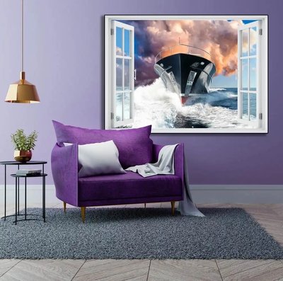 Наклейка на стену, Окно с видом лодках W170 фото