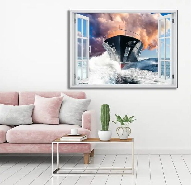 Наклейка на стену, Окно с видом лодках W170 фото