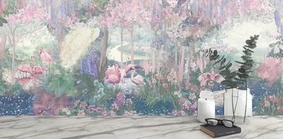 Фотообои Розовые фламинго и белые павлины на фоне цветущих растений Fan5413 фото
