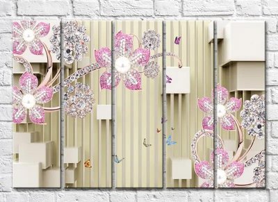 Полиптих Розовая бижутерия из цветов на бежевом фоне с кубами 3D7213 фото