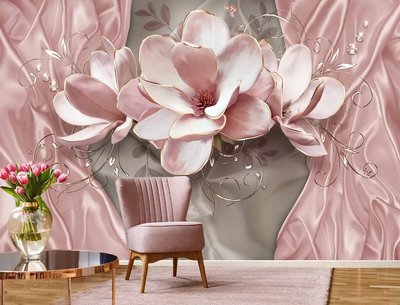 Flori imense de magnolie cu aurire pe un fundal de mătase roz TSv313 фото