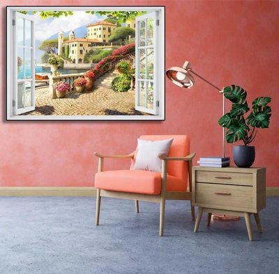 Наклейка на стену, 3D-окно с видом на приморский город W119 фото