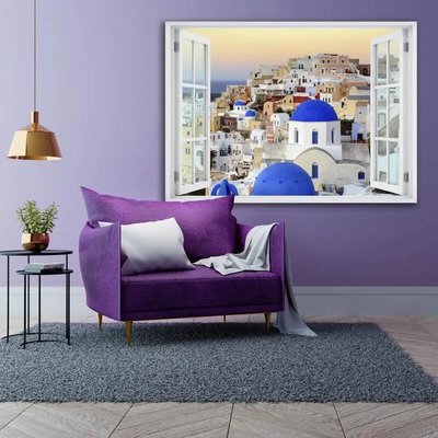 Наклейка на стену, 3D-окно с видом на белый город W69 фото