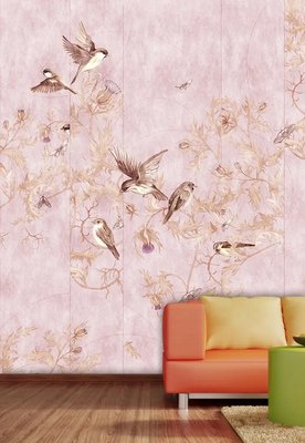 Стая воробьев на бежевом растении и бабочки, пастельно сиреневый Fan164 фото