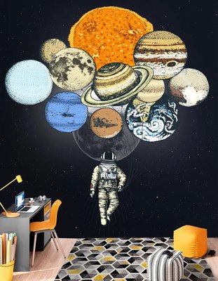 Astronaut cu o grămadă de planete în loc de baloane pe un fundal negru Fot464 фото