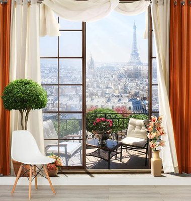 Окно с гардинами и балкон с видом на Париж Fre664 фото