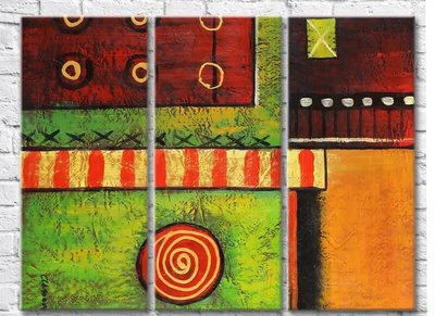 Триптих Абстрактный геометрический рисунок, зеленый, оранжевый и бордовый Abs7314 фото
