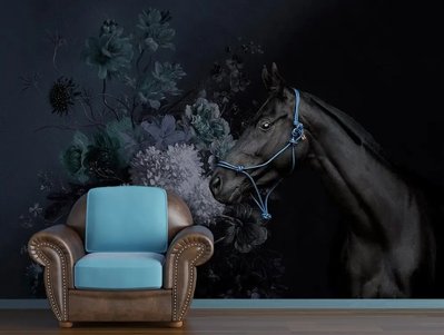 Черный конь и букет цветов на темном фоне1 Ris1414 фото