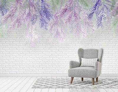 Фиолетово розовые растения на серой кирпичной стене Fan114 фото