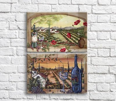 Картина Бутылка вина и виноград на фоне поля, диптих Eda8664 фото