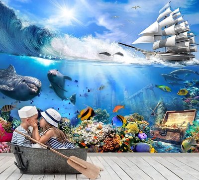 Barcă cu pânze și lume subacvatică colorată Fot714 фото