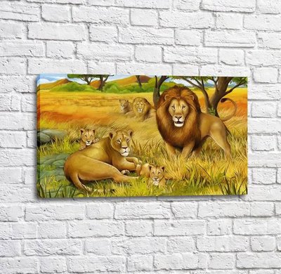 Постер Лев и его семейство на фоне желтой травы Mul16284 фото