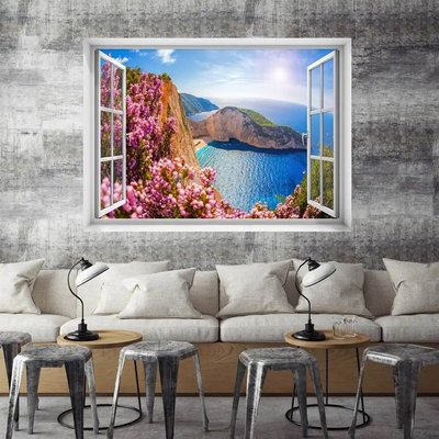 Наклейка на стену, 3D-окно с видом на море и розовые цветы W18 фото