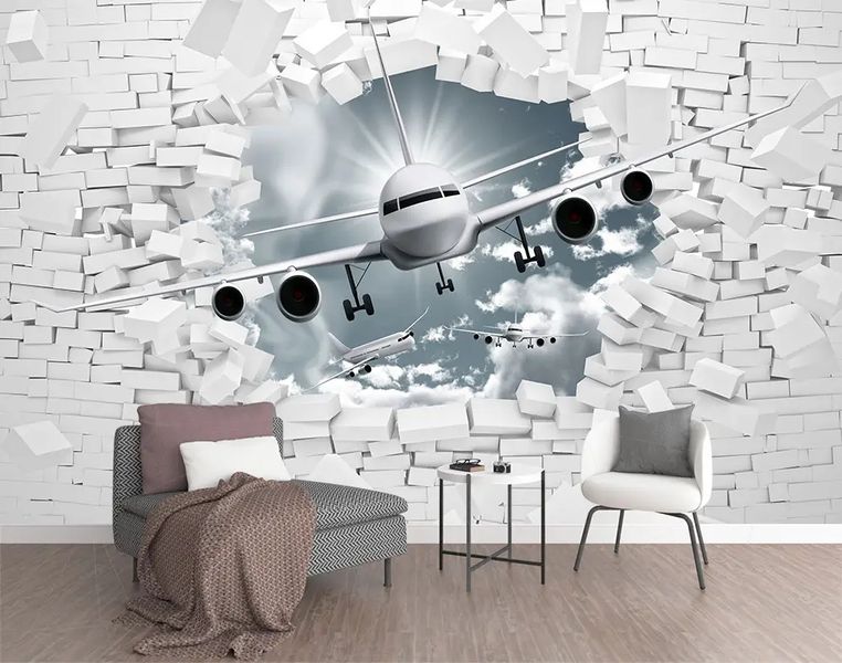 Современный самолет на фоне 3Д стены Det14 фото