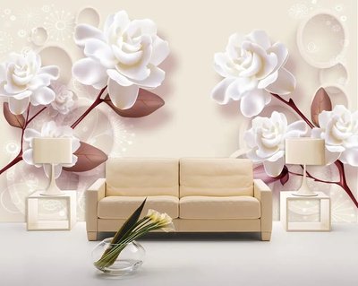Fototapet Ramuri de trandafiri albi pe fond bej 3D4665 фото