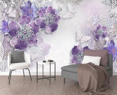 Сиреневые цветы с бисером и белые бабочки 3D3615 фото