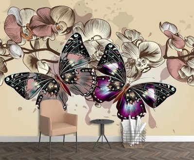 Фотообои Рисованные орхидеи и крупные бабочки на бежевом фоне Sov3115 фото