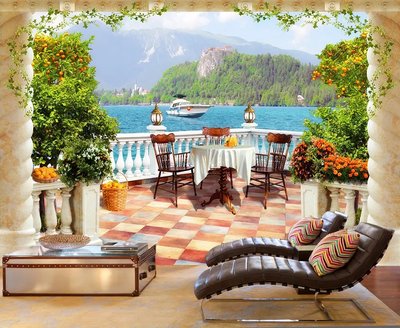Обеденный стол на террасе с видом на горный пейзаж и море Fre665 фото