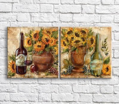 Картина Подсолнухи в вазе и вино, масло, диптих Eda9665 фото