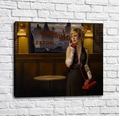 Poster Fată cu un telefon roșu pe fundalul orașului Put17246 фото