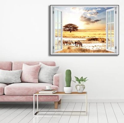 Наклейка на стену, 3D-окно с видом на восход солнца в степи W67 фото