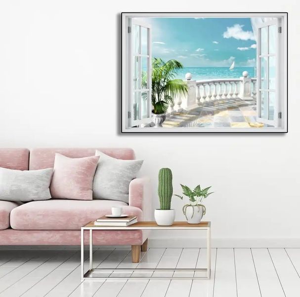 Наклейка на стену, 3D-окно с видом на террасу с видом на море W117 фото