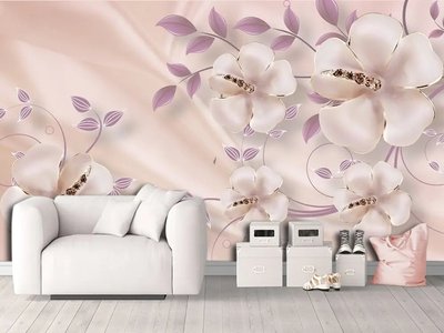 Фотообои Цветы из бижутерии на лиловых ветках на фоне шелка 3D3616 фото