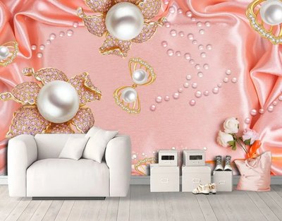 Bijuterii florale cu perle albe si strasuri pe un fundal de matase roz 3D4016 фото