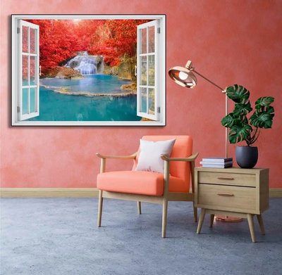 Наклейка на стену, Окно с видом на каскад, окруженный красными цветами W216 фото