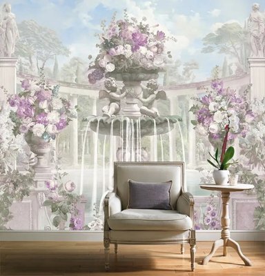 Фотообои Вазоны с лиловыми цветами и фонтан со скульптурой ангелов Fan5267 фото