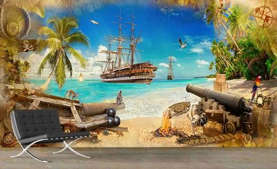 Морской берег с кораблями и пиратскими сокровищами Fre667 фото