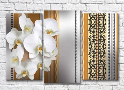 Триптих Белая орхидея на желтом фоне с черными узорами 3D7767 фото