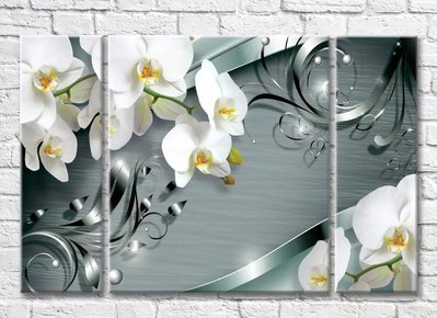 Триптих Белые орхидеи и стальные узоры на зеленом фоне 3D7817 фото