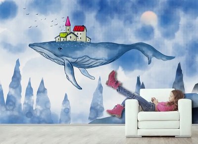 Фантезийный пейзаж с летающим китом на синем фоне неба Ris1417 фото
