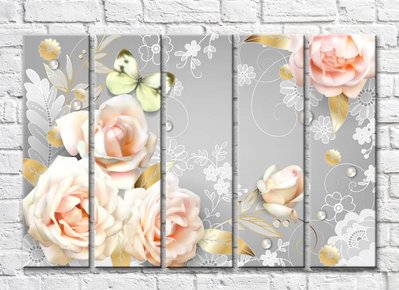 Персиковые розы и бабочка на сером фоне с узорами 3D5467 фото