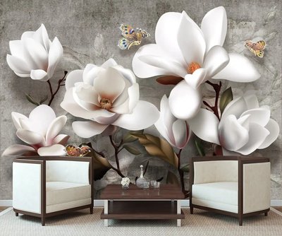 Flori mari de magnolie cu efect 3D și fluturi pe un fundal gri grunge TSv317 фото