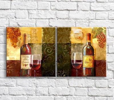 Картина Бутылка красного вина и бокал в винтажном стиле, диптих Eda10567 фото