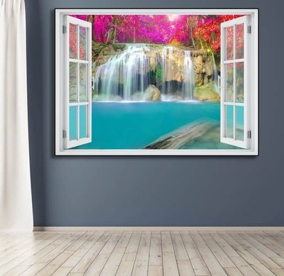 Autocolant de perete, fereastra 3D cu vedere la cascada inconjurata de flori W215 фото