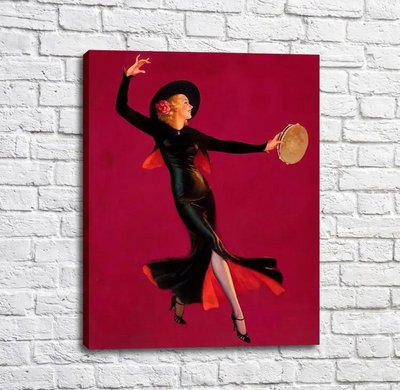 Poster Dansatoare într-o rochie neagră cu tamburin pe culoarea purpurie Tan18175 фото