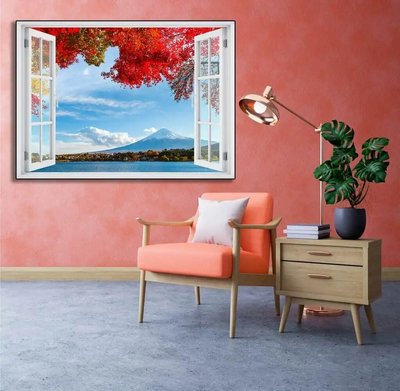 Autocolant de perete, fereastră 3D cu vedere la mare în munți W165 фото