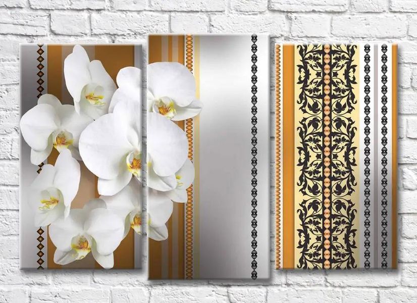 Триптих Белая орхидея на желтом фоне с черными узорами 3D7767 фото