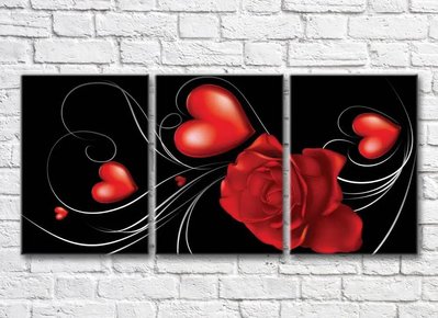Triptic Trandafir roșu și inimioare pe fundal negru 3D7741 фото