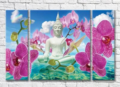 Триптих Скульптура будды среди орхидей на фоне неба 3D7791 фото
